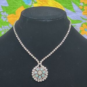 Vintage 1920s Art Deco Rhinestone Circle Pendant Box Clasp Necklace